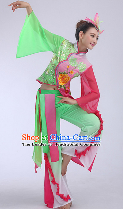 Light Green Chinese Folk Fan Dancing Costumes and Headdress Complete Set for Women