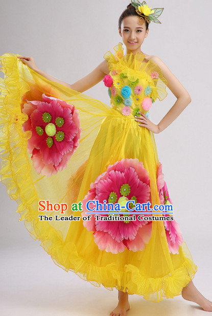 Yellow Chinese Folk Flower Dancing Costumes and Headdress Complete Set for Women