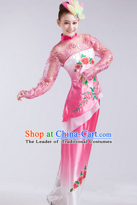 Chinese Folk Fan Dance Costumes and Headdress Complete Set for Children Girls