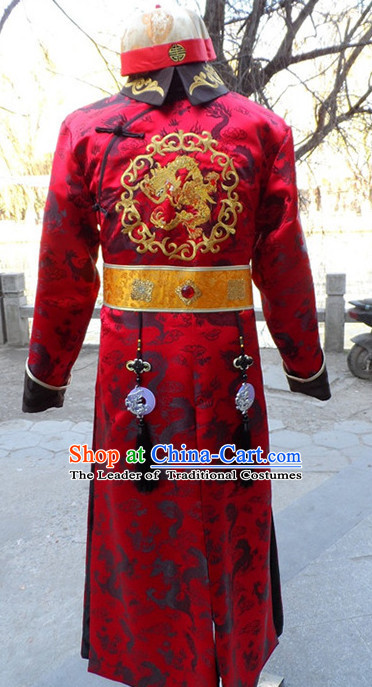 Traditional Chinese Qing Dynasty Prince Emperor Robe Gown Clothing and Hat Complete Set for Men