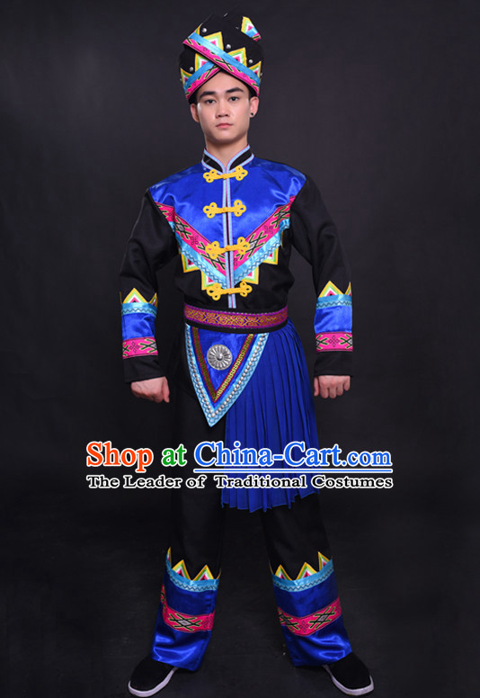 Chinese Chuang Group the Zhuang Nationality Folk Dance Ethnic Wear China Clothing Costume Ethnic Dresses Cultural Dances Costumes Complete Set for Men Boys