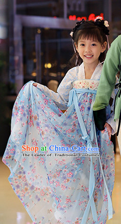 Chinese Traditional Dress Hanfu Costume China Kimono Robe Ancient Chinese Clothing National Costumes Gown Wear and Head Jewelry for Kids Children Girls