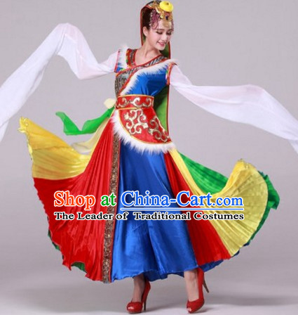 Chinese Tibetan Dance Costumes Traditional Chinese Clothing Dress Dancewear Dance Clothes Outfits Dresses Complete Set for Women