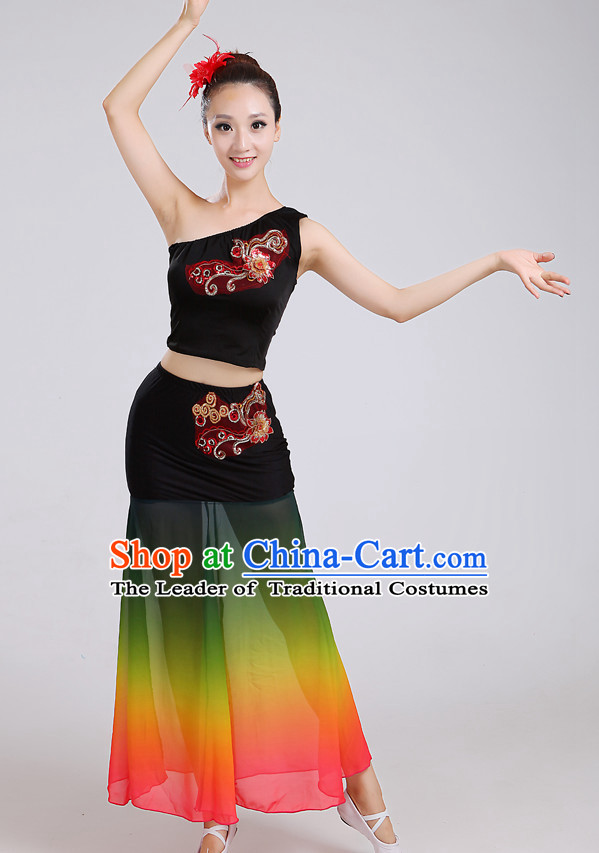 Chinese Theater Traditional Dance Ribbon Dancing Long Sleeve Leotard China Fan Dance Costume Complete Set