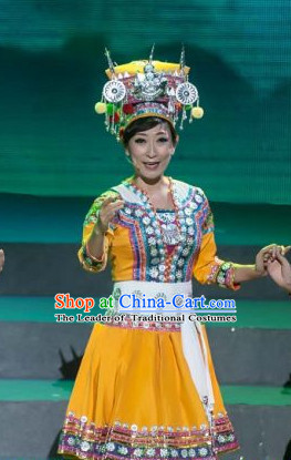 Chinese Folk Ethnic Dance Costume Traditional Minority Clothing National Costumes and Headwear Complete Set for Women