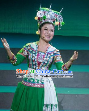 Chinese Folk Ethnic Dance Costume Traditional Minority Clothing National Costumes and Headwear Complete Set for Women