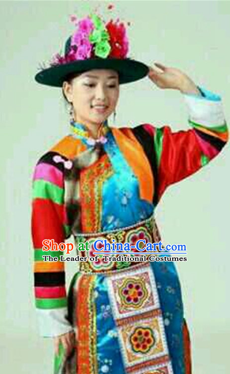 Chinese Tibetan Folk Dance Dress Clothing Dresses Costume Ethnic Dancing Cultural Dances Costumes for Women Girls