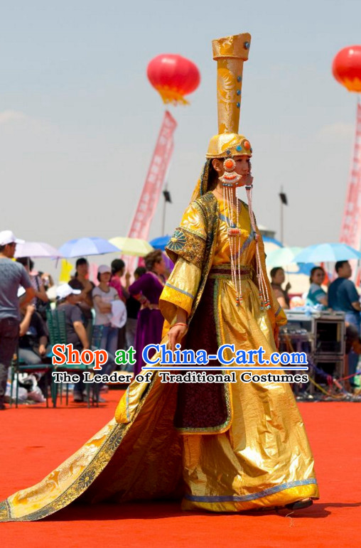 Traditional Mongolian Clothing Ancient Ethnic Queen Dresses and Hat Complete Set for Women