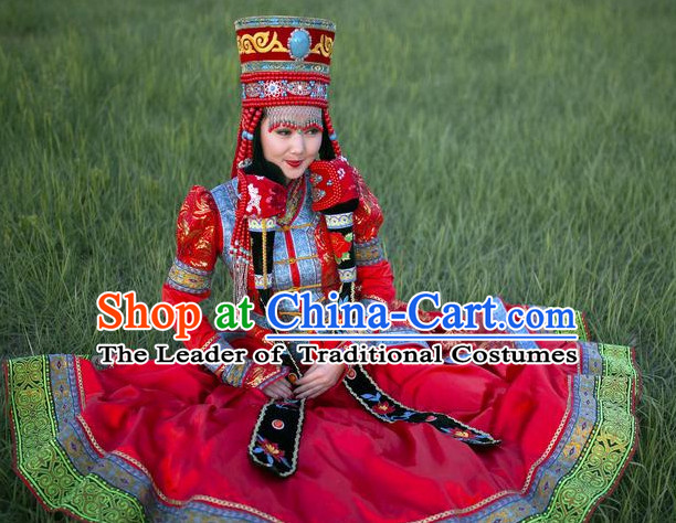 Traditional Mongolian Clothing Ancient Ethnic Queen Wedding Garment and Hat Complete Set for Women