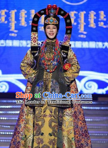 Top Traditional Mongolian Clothing Ancient Ethnic Queen Garments and Hat Complete Set for Women