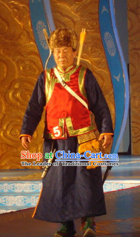 Chinese Traditional Ethnic Mongolian Musician National Costumes Dresses Wear Clothing and Hat Complete Set for Men