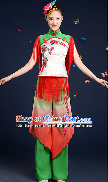 Chinese Folk Fan Dance Costumes and Headpieces Complete Set for Women