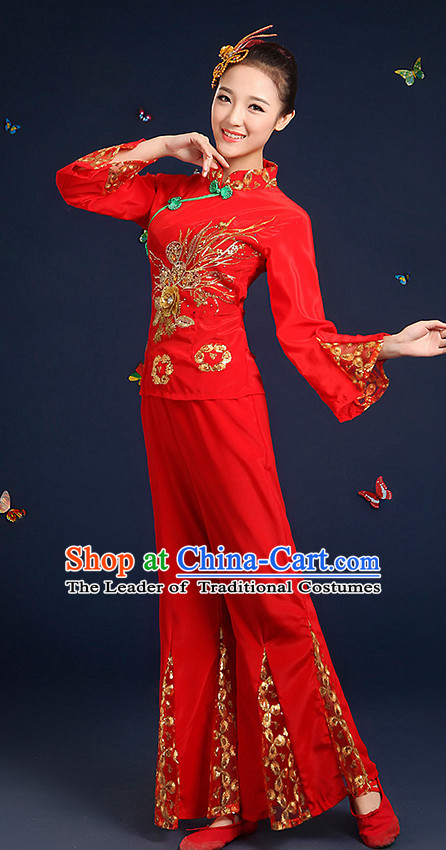 Chinese Folk Fan Dance Costumes and Headpieces Complete Set for Women