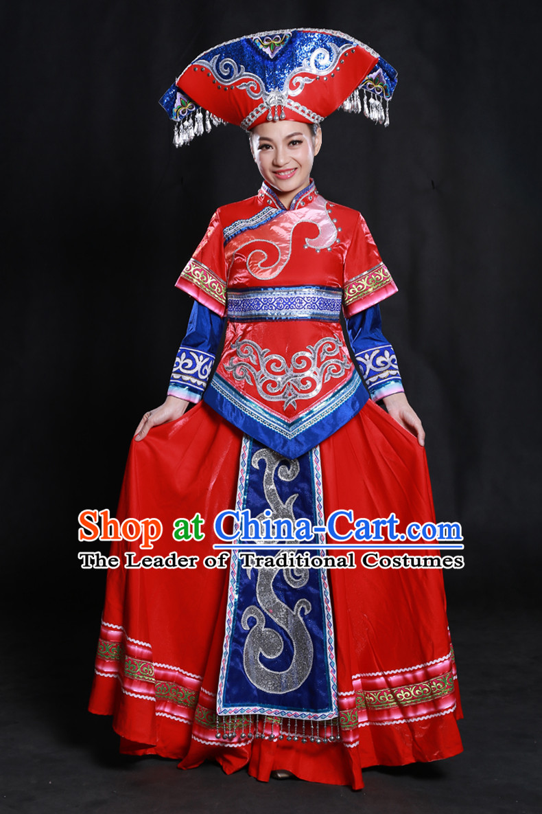 Happy Festival Chinese Minority Dress Zhuang Uniform Traditional Stage Ethnic National Costume Sale Complete Set