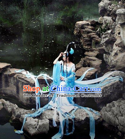 Top Light Blue Chinese Imperial Royal Princess Traditional Wear Queen Dresses Fairy Cosplay Costumes Ideas Asian Cosplay Supplies Complete Set