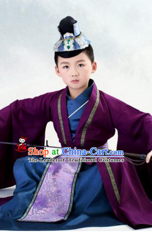 Traditional Chinese Costume Chinese Classical Clothing Garment and Headpieces Complete Set for Kids Boys