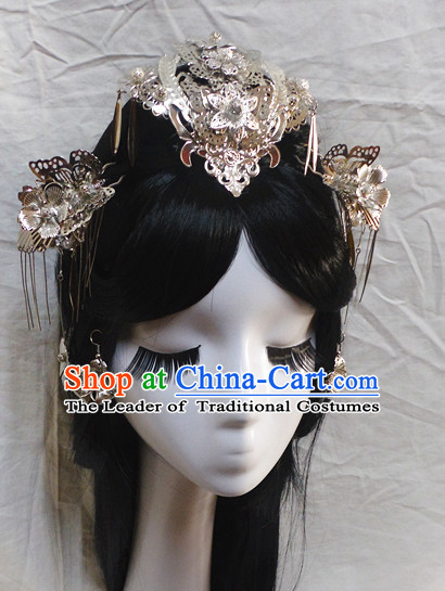 Chinese Classic Princess Fairy Long Black Wigs and Headwear Crowns Hats Headpiece Hair Accessories Jewelry Set