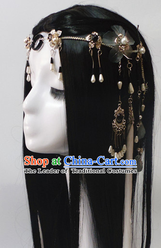 Chinese Classic Princess Fairy Long Black Wigs and Headwear Crowns Hats Headpiece Hair Accessories Jewelry Set