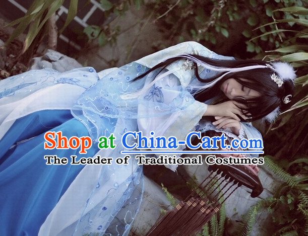 Top Blue Chinese Ancient Princess Hanfu Costumes Theater and Reenactment Costumes and Headgear Complete Set for Women