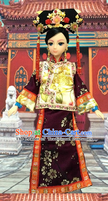 Traditional Qing Dynasty Chinese Women Empress Clothing Imperial Princess Dresses National Costume and Hair Ornaments Complete Set