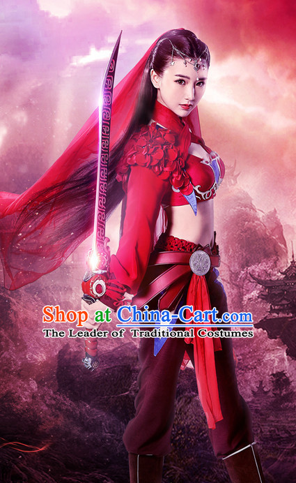 Chinese Ancient Swordswoman Superheroine Costumes and Hair Ornaments Complete Set