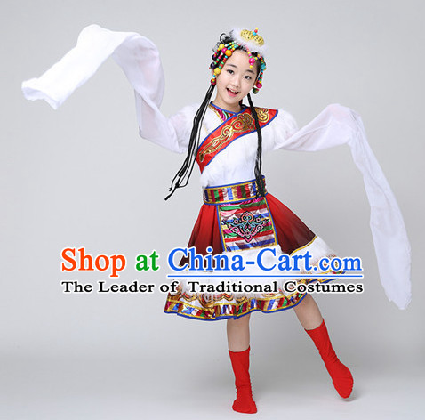 Chinese Tibetan Kids Minority Dance Dress China Fan Dance Costume Ribbon Dance Costumes Folk Dance Suit