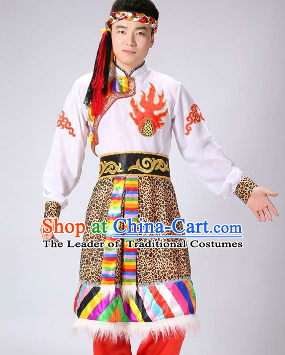 Chinese Tibetan Minority Men Dance Dress China Fan Dance Costume Ribbon Dance Costumes Folk Dance Suit