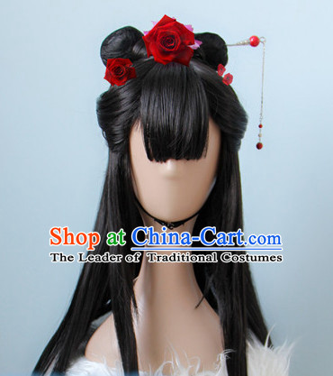 Chinese Ancient Style Long Black Hair Wig Hair Decoration Wigs Set