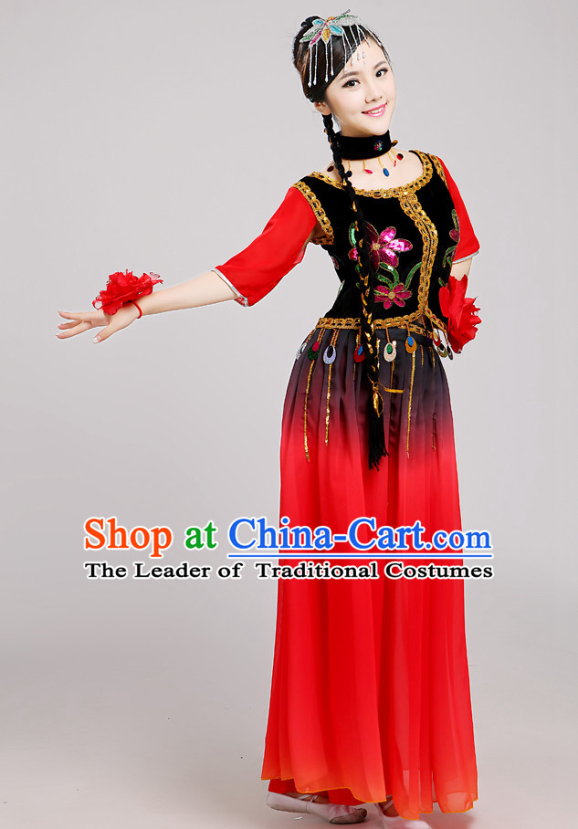 Chinese Folk Xinjiang Dance Costume and Hat Complete Set for Women