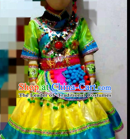 Chinese Stage Minority Dance Costume Dance Costumes Fan Dance Umbrella Ribbon Fans Dance Fan Water Sleeve Costume for Children Girls