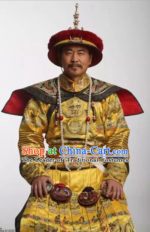 Top China Qing Dynasty Emperor Kang Xi Embroidered Robe Dragon Costumes Complete Set