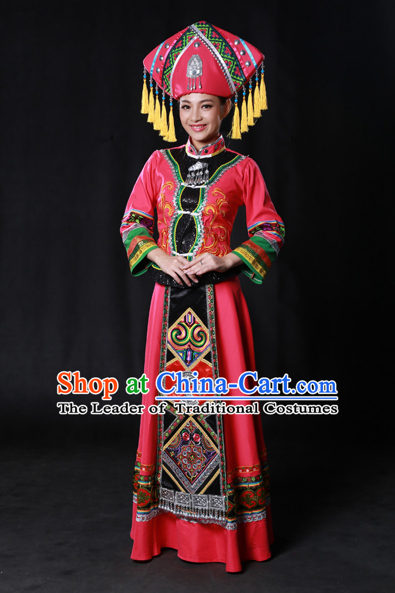 Chinese Zhuang Minority Dresses Ethnic Clothing Minority Dance Costume Minority Dress Complete Set for Women