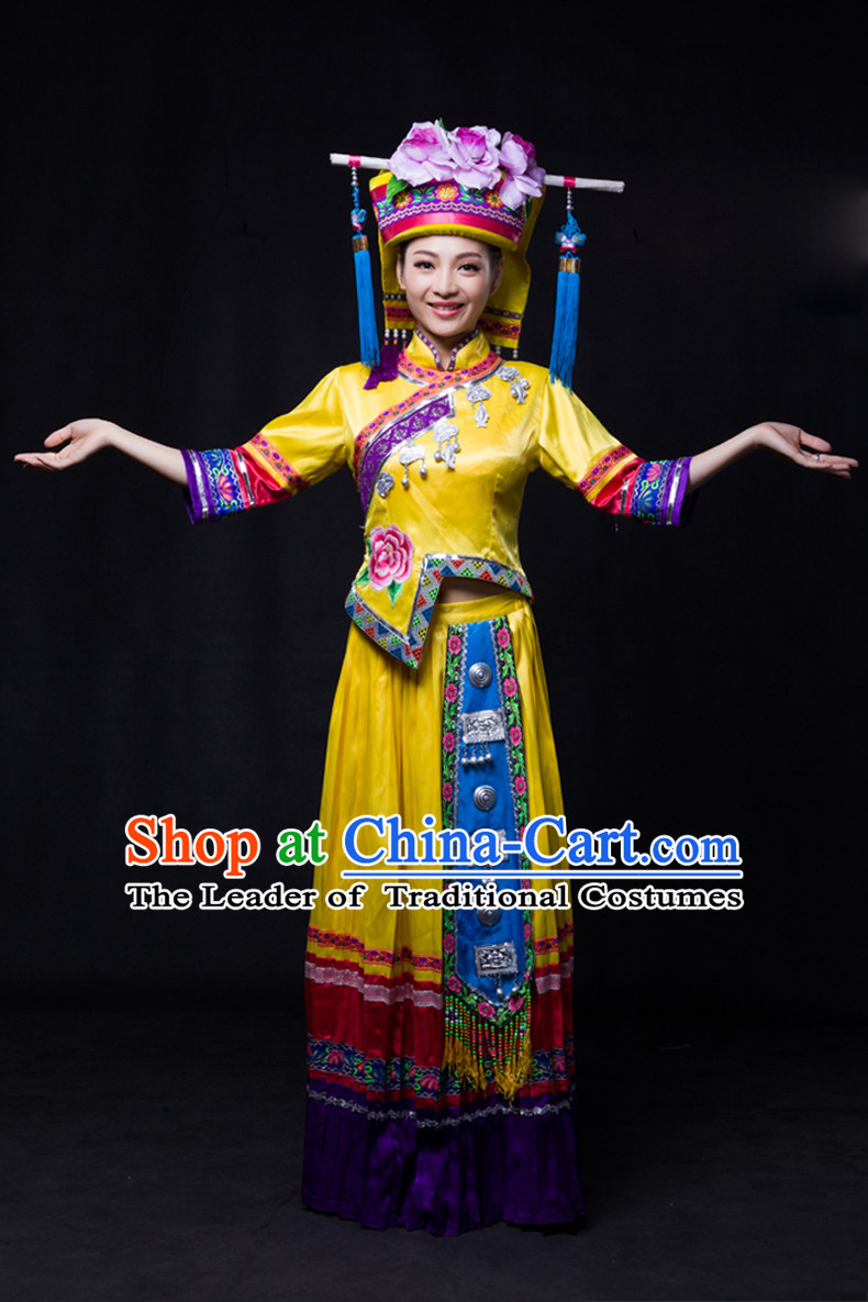 Chinese Yi Lao Miao Zhuang Minority Women Dresses Ethnic Clothing Minority Dance Costume Minority Dress Complete Set