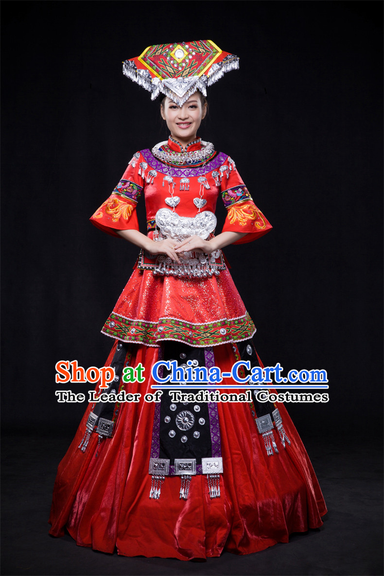 Chinese Yi Lao Miao Zhuang Bai Yao Minority Women Dresses Ethnic Clothing Minority Dance Costume Minority Dress Complete Set