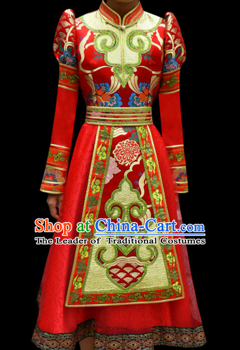 Red Mongolian Minority Empress Mongol Mongolia Princess Clothing Ethnic Traditional Costumes Complete Set