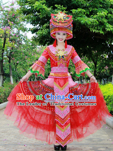 Hmong Women Minority Dresses Miao Girls Clothing Ethnic Miao Minority Dance Costume Minority Dress Dance Miao Costumes and Hat Complete Set