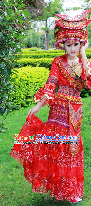 Hmong Women Minority Dresses Miao Girls Clothing Ethnic Miao Minority Dance Costume Minority Dress Dance Miao Costumes and Hat Complete Set