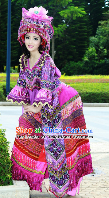 Hmong Women Minority Dresses Miao Girls Clothing Ethnic Miao Minority Dance Costume Minority Dress Dance Miao Costumes and Hat Complete Set