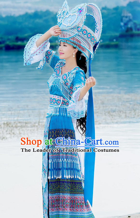 Hmong Women Minority Dresses Miao Girls Clothing Ethnic Miao Minority Dance Costume Minority Dress Dance Miao Costumes and Hat Complete Set