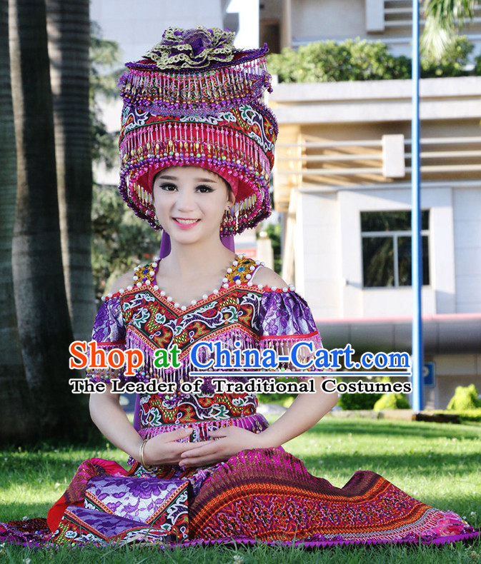 Hmong Women Minority Dresses Miao Girls Clothing Ethnic Miao Minority Dance Costume Minority Dress Dance Miao Costumes and Hat Complete Set