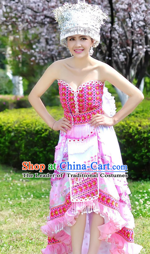 Hmong Women Minority Dresses Miao Girls Clothing Ethnic Miao Minority Dance Costume Minority Dress Dance Miao Costumes and Hat Complete Set