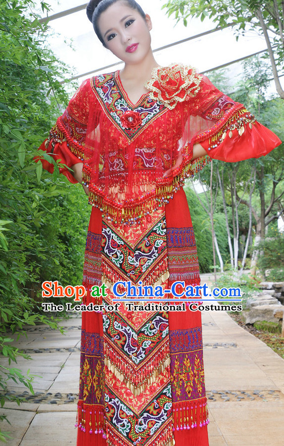 Hmong Women Minority Dresses Miao Girls Clothing Ethnic Miao Minority Dance Costume Minority Dress Dance Miao Costumes and Hat Complete Set