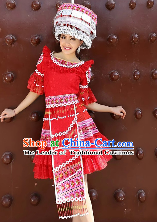 Hmong Women Minority Dresses Miao Girls Clothing Ethnic Miao Minority Dance Costume Minority Dress Dance Miao Costumes and Hat Complete Set