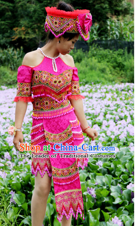 Hmong Women Minority Dresses Miao Girls Clothing Ethnic Miao Minority Dance Costume Minority Dress Dance Miao Costumes and Hat Complete Set