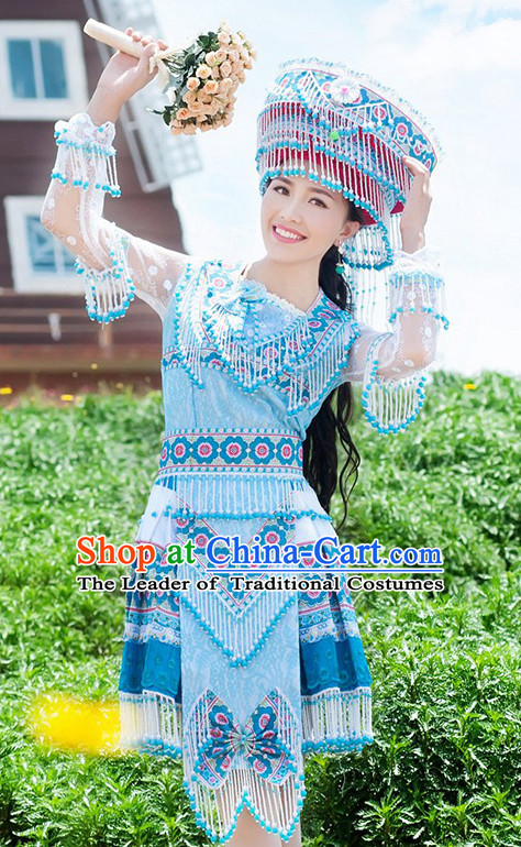 Hmong Women Minority Dresses Miao Girls Clothing Ethnic Miao Minority Dance Costume Minority Dress Dance Miao Costumes and Hat Complete Set