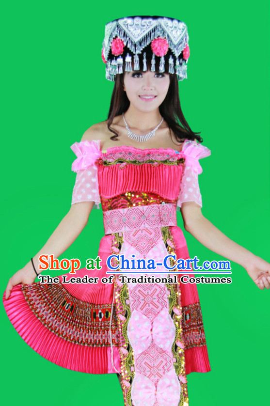 Hmong Women Minority Dresses Miao Girls Clothing Ethnic Miao Minority Dance Costume Minority Dress Dance Miao Costumes and Hat Complete Set