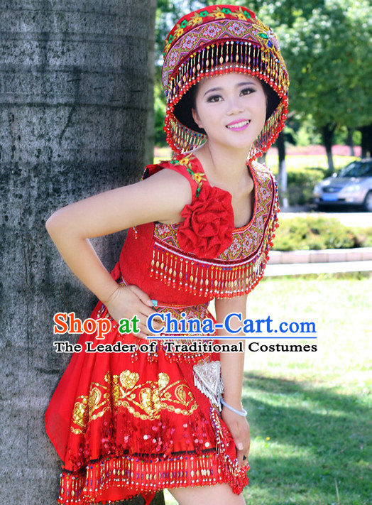 Hmong Women Minority Dresses Miao Girls Clothing Ethnic Miao Minority Dance Costume Minority Dress Dance Miao Costumes and Hat Complete Set