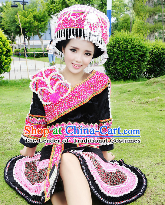 Hmong Women Minority Dresses Miao Girls Clothing Ethnic Miao Minority Dance Costume Minority Dress Dance Miao Costumes and Hat Complete Set