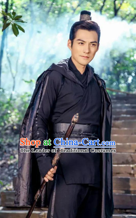 Black Ancient Chiinese Knight Samurai Costumes Hanfu Clothes Complete Set for Men