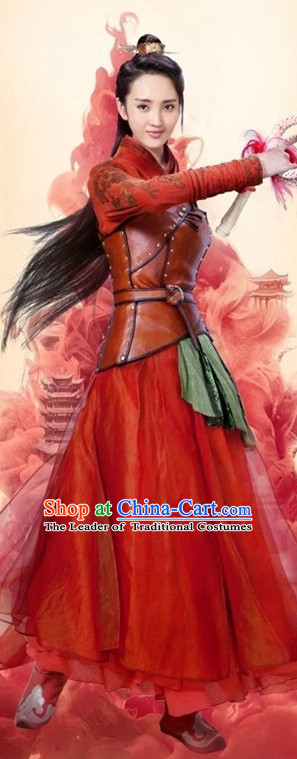 Ancient Chinese Red Swordswoman Clothing and Hair Accessories Complete Set for Women